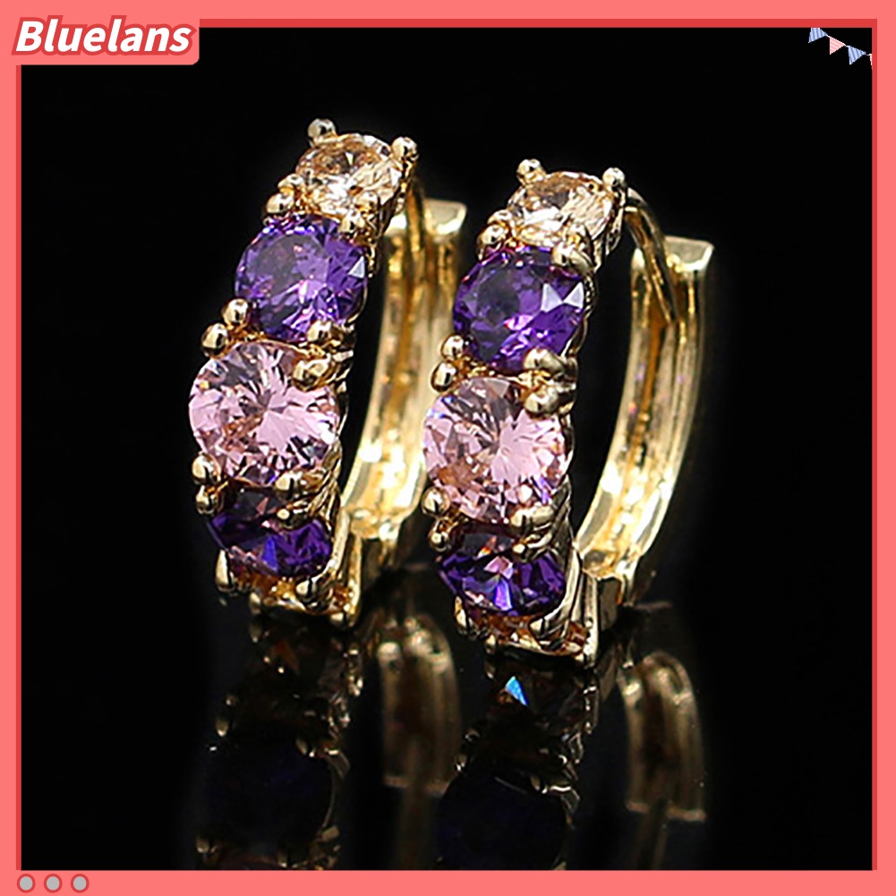 {In Stock} Wanita Fashion Berlapis Emas 9K Ungu Zirkon Eardrop Huggie Anting Perhiasan Hadiah