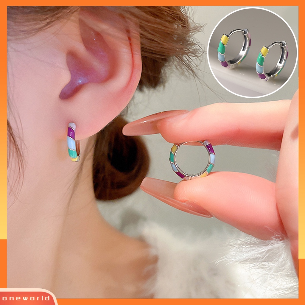 [OWR] 1pasang Anting Stud Warna Kontras Enamel High Gloss Tahan Luntur Dekorasi Barang Fashion Tidak Alergi Rainbow Bulat Lingkaran Hoop Earrings Aksesori Perhiasan