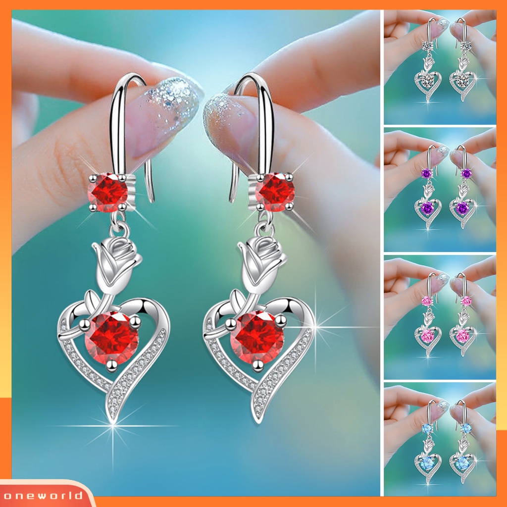 [OWR] 1pasang Anting Hoop Bersinar Cubic Zirconia Geometris High-end Liontin Berdandan Hypoallergenic Bunga Mawar Hati Menjuntai Anting Perhiasan Fashion