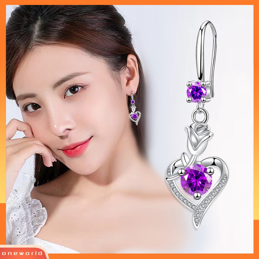 [OWR] 1pasang Anting Hoop Bersinar Cubic Zirconia Geometris High-end Liontin Berdandan Hypoallergenic Bunga Mawar Hati Menjuntai Anting Perhiasan Fashion