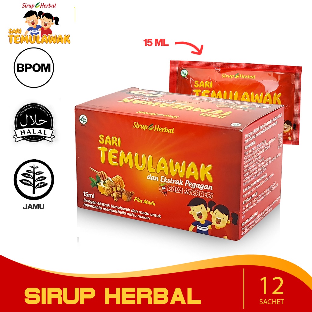 SARI TEMULAWAK Sirup Herbal Rasa Strawberry 12 Sachet Isi 15 ML Obat Suplemen Memperbaiki Nafsu Makan dan Kesehatan Anak BPOM HALAL-Stroberi