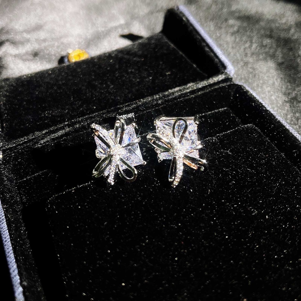 Goldkingdom Aksesoris Perhiasan Fashion Ready Stock Jewelry Gift Box Dengan Berlian Busur Stud Anting Perak Disepuh Jarum Earrings