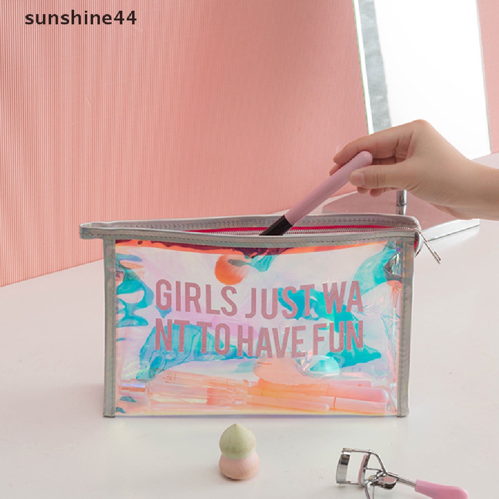 Sunshine Tas Kosmetik Laser Transparan Zipper Wanita Anti Air Makeup Case PVC Kecantikan Make Up Pouch Jelly Lady Organizer Storage Bag ID