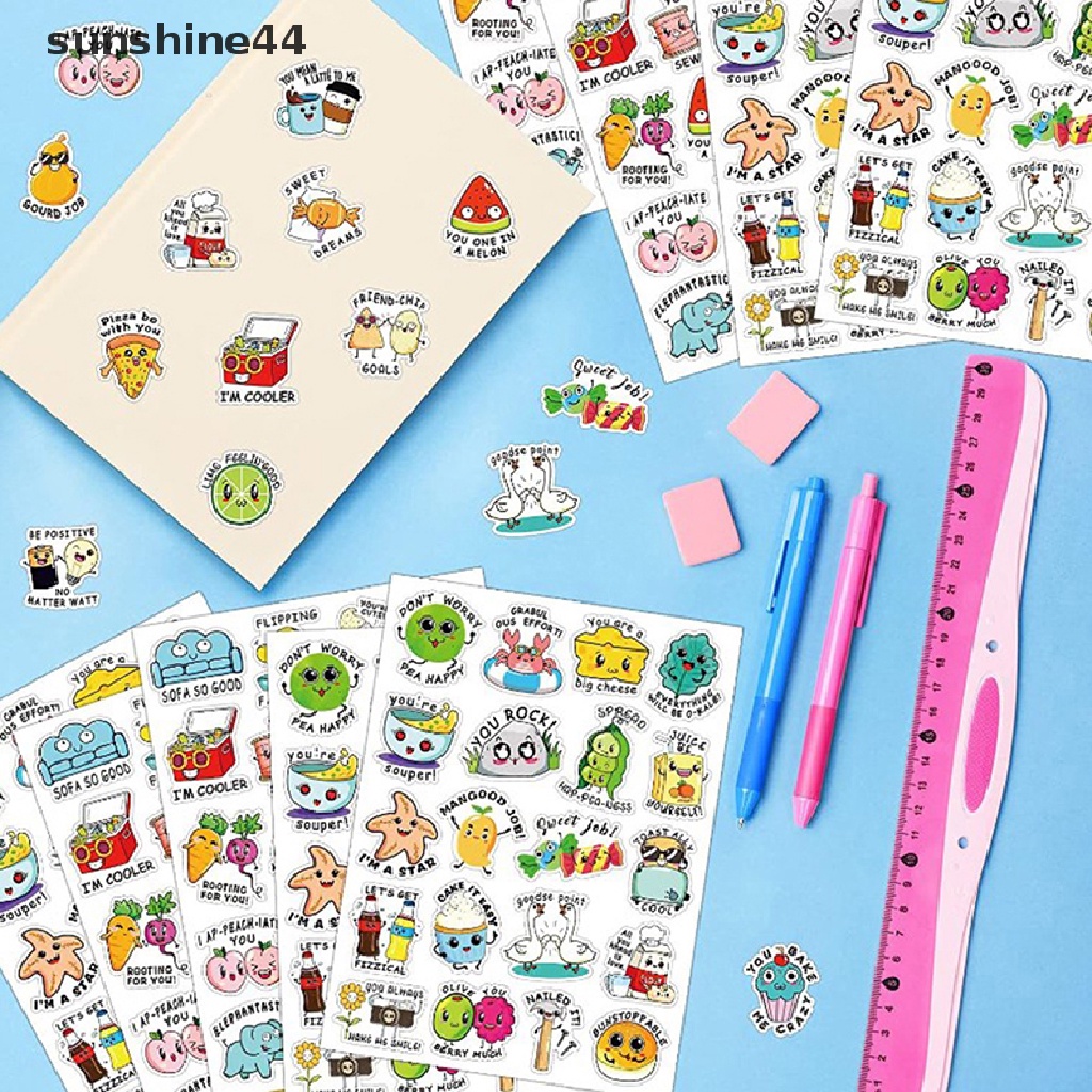 Sunshine 100Pcs Stiker Hadiah Menyenangkan Kartun Hewan Buah Inggris Untuk Anak-Anak Label Mukena Motivasi Insentif Stiker Untuk Guru Sekolah ID