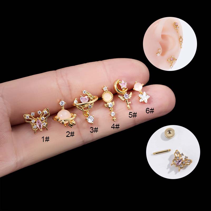 1biji Planet Kupu-Kupu Bentuk Bulan Stainless Steel Tragus Anting Stud Helix Tindik Lobek 16Gauge