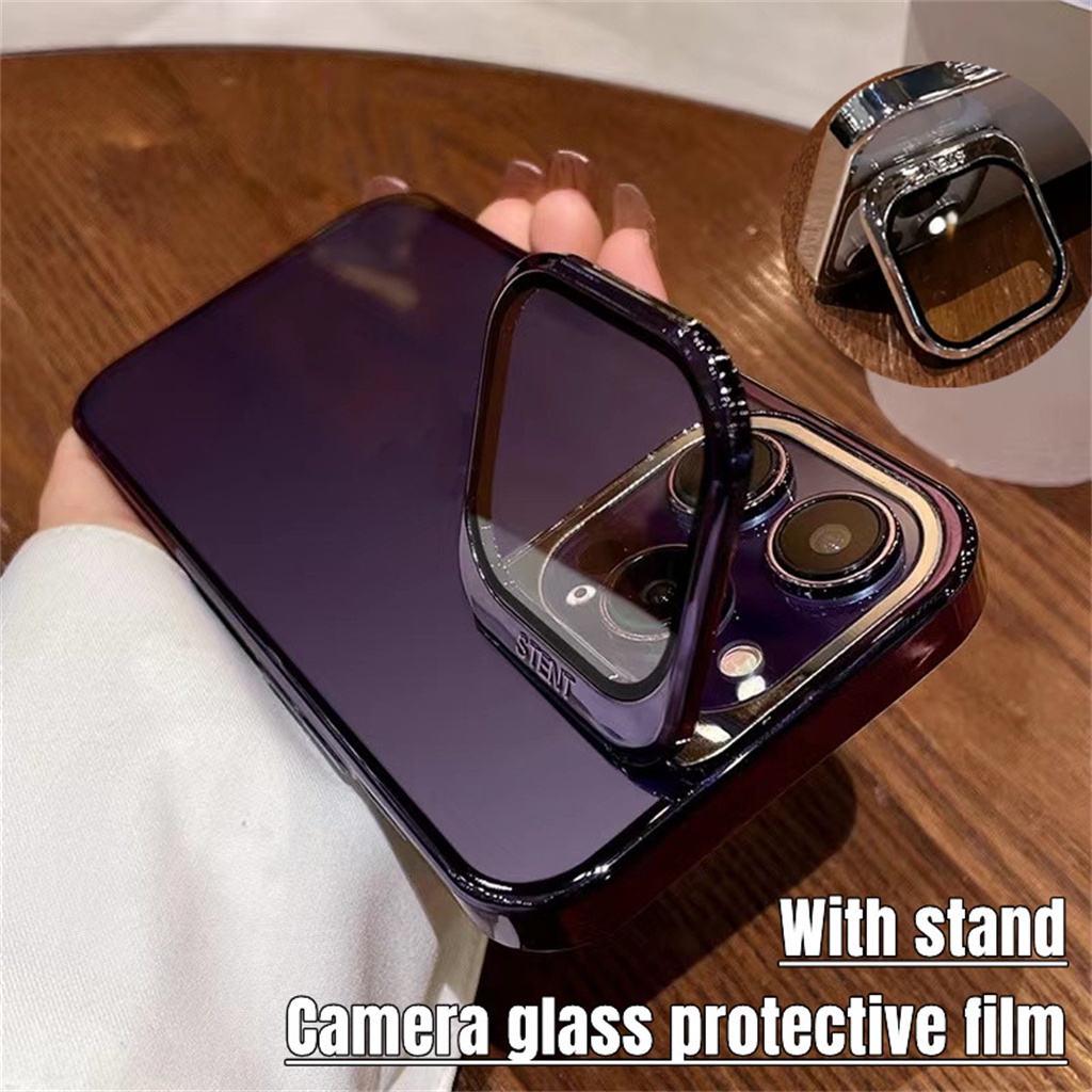 Metal Kamera Perlindungan Lensa Stand Case iPhone 14 Pro Max Case iPhone 13 12 Pro Max 2-in-1 Jernih Kreatif Tertutup Penuh Perlindungan Shockproof Hard Back Cover