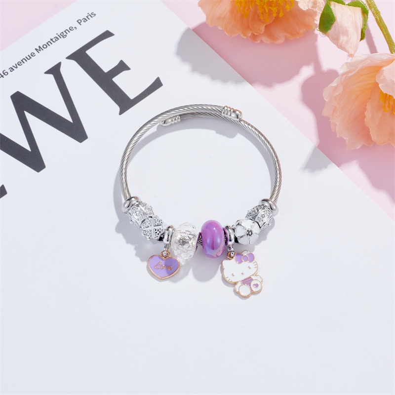 XiaoboACC Lovely Kartun Kucing Cinta Liontin Stainless Steel DIY Open Adjustable Charm Gelang