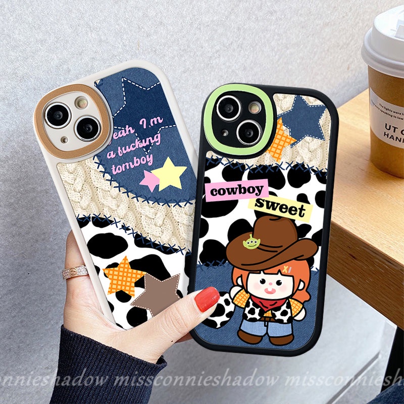 IPHONE Kartun Lucu Koboi Bintang Pasangan Ponsel Case Kompatibel Untuk Iphone11 14 Pro Max Xr7 6s 6 8 Plus X XS Max14 13 11 12 Pro Max SE 2020 Denim Patch Leopard Print Soft Tpu Back Cover