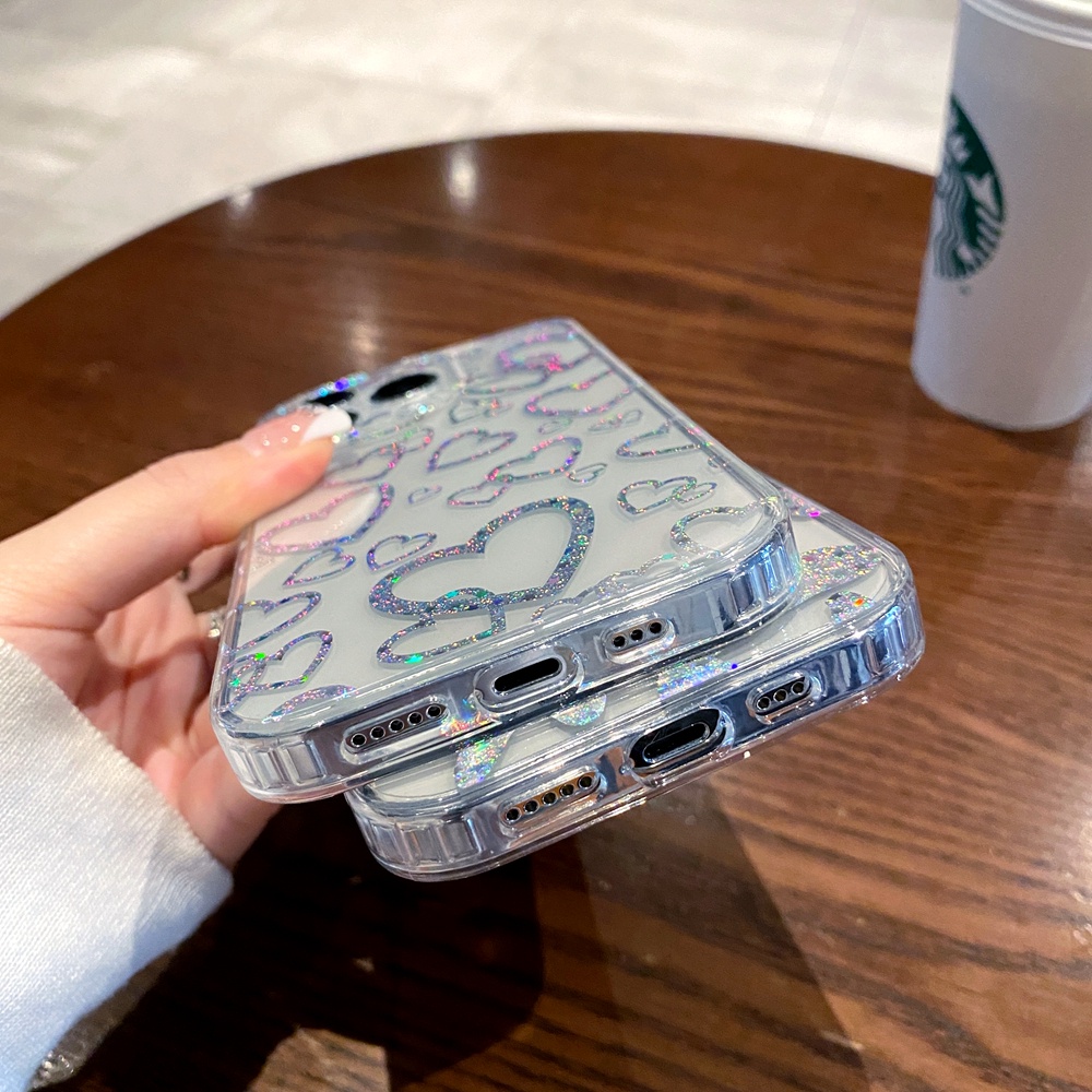 IPHONE Casing Bening Leopard Cinta Hati Laser Warna-Warni Untuk Iphone14 13 12 11 Pro Max Berlapis Mewah Dua Sisi Tahan Shocproof Soft Phone Cover