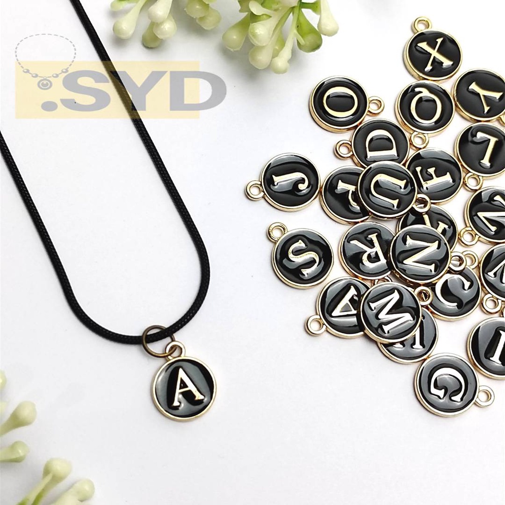 (COD) Kalung Inisial Huruf Abjad Nama Titanium Hitam Liontin Enamel Epoxy Wanita Korea Style Terbaru