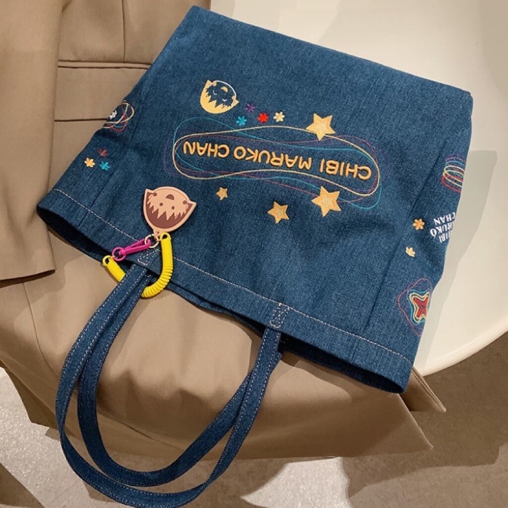 ☍Sera Dark Blue Galaxy Tote Bag 2022 Baru Kanvas Tas Wanita Kapasitas Besar Denim Tas Bahu Kecil Maruko Messenger Bag