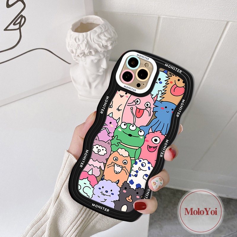 IPHONE Kartun Hewan Lucu Monster Kecil Case Kompatibel Untuk Iphone11 13 12 14 Pro Max 7Plus XR X XS Max 6s 6 7 8 Plus 14Plus SE 2020 Wavy Edge Tpu Soft Phone Cover