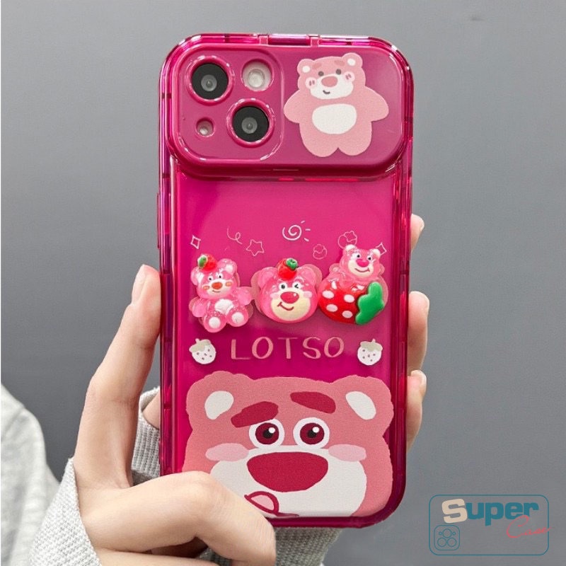 Casing Case Kartun Kompatibel Untuk iPhone 7Plus XR 11 Pro Max7 8 14 Plus 14 12 13 Pro MAX X XS MAX SE 3D Flip Make Up Cermin Beruang Strawberry Lucu Manyo Mainan Shockproof Soft Cover
