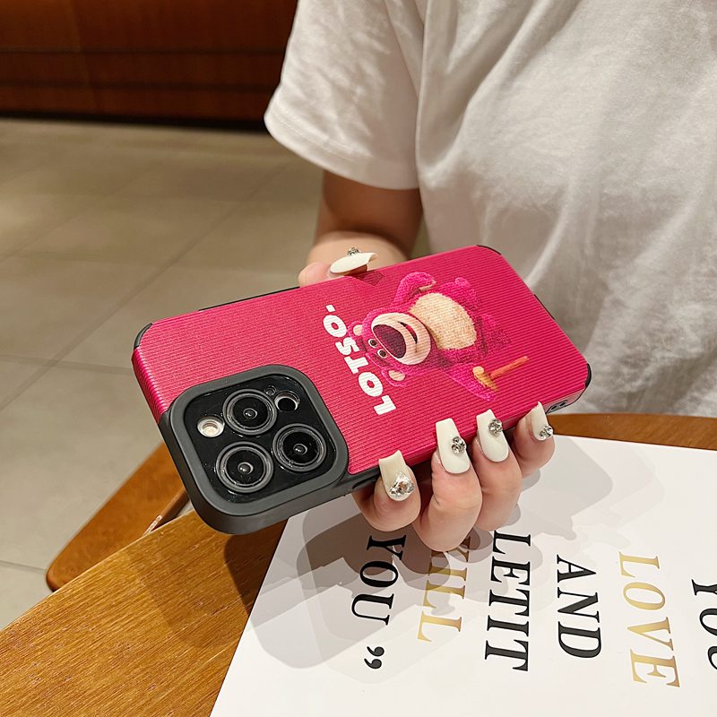 【Lamb Skin】So Cute Strawberry Bear LOTOSO Leather Soft Case for IPhone 7 Plus 8 Plus X XS XR XS Max 11 13 12 14 PRO Max 14 Plus for Girl Women's Gift casing hp Missconnie