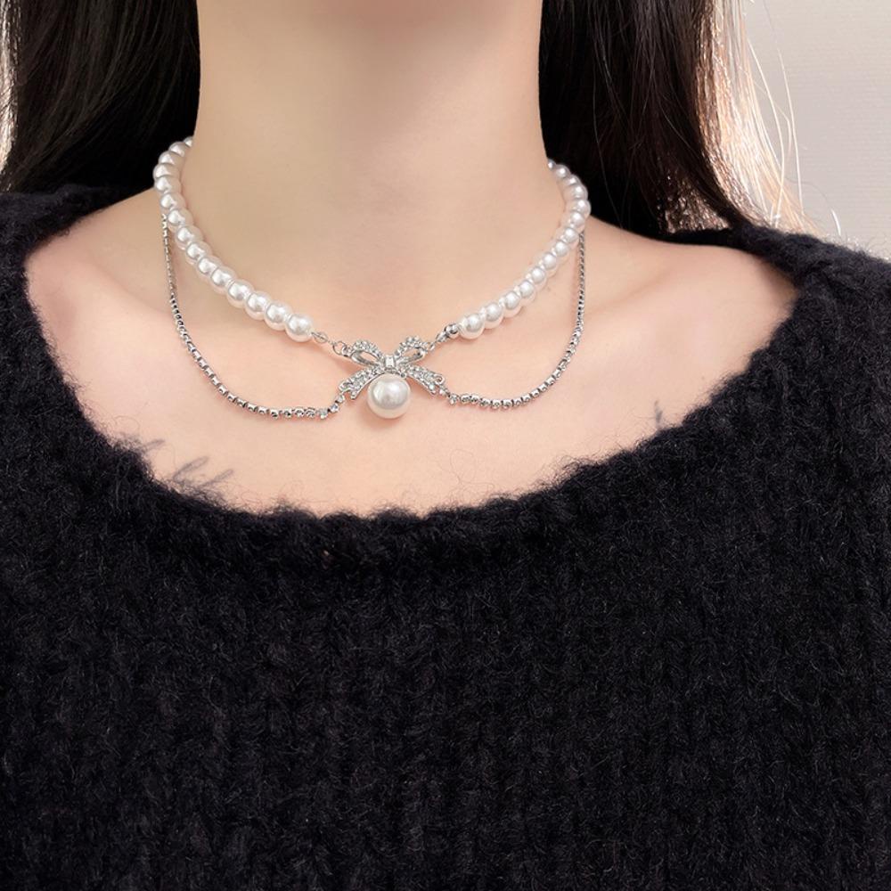 Needway Wanita Kalung French Charming Pearl Creative Bow Rhinestone Double Layer Choker