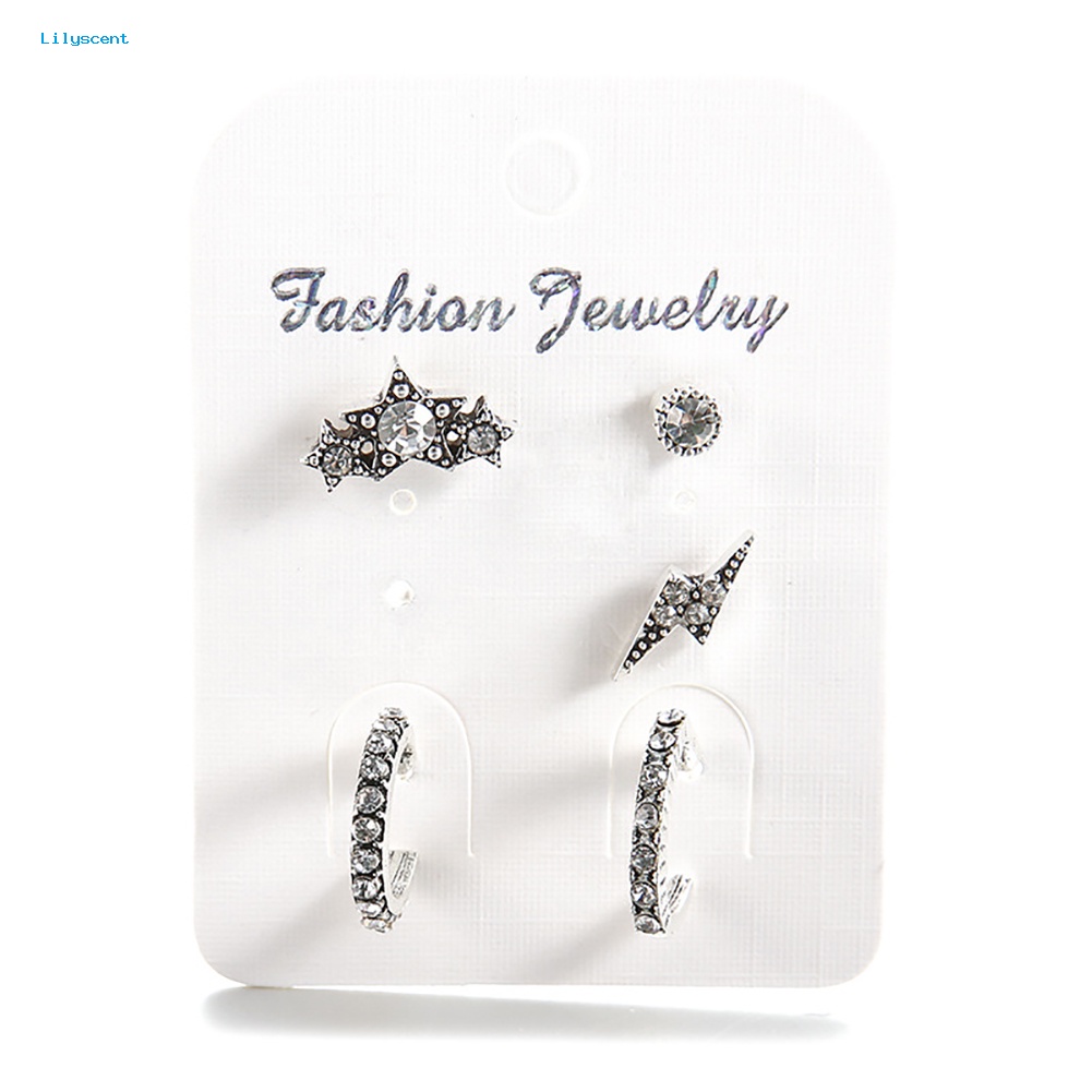 Lilyscent 5pcs Shiny Rhinestone Stars Lighting Ear Stud Earring Wanita Pesona Perhiasan Set