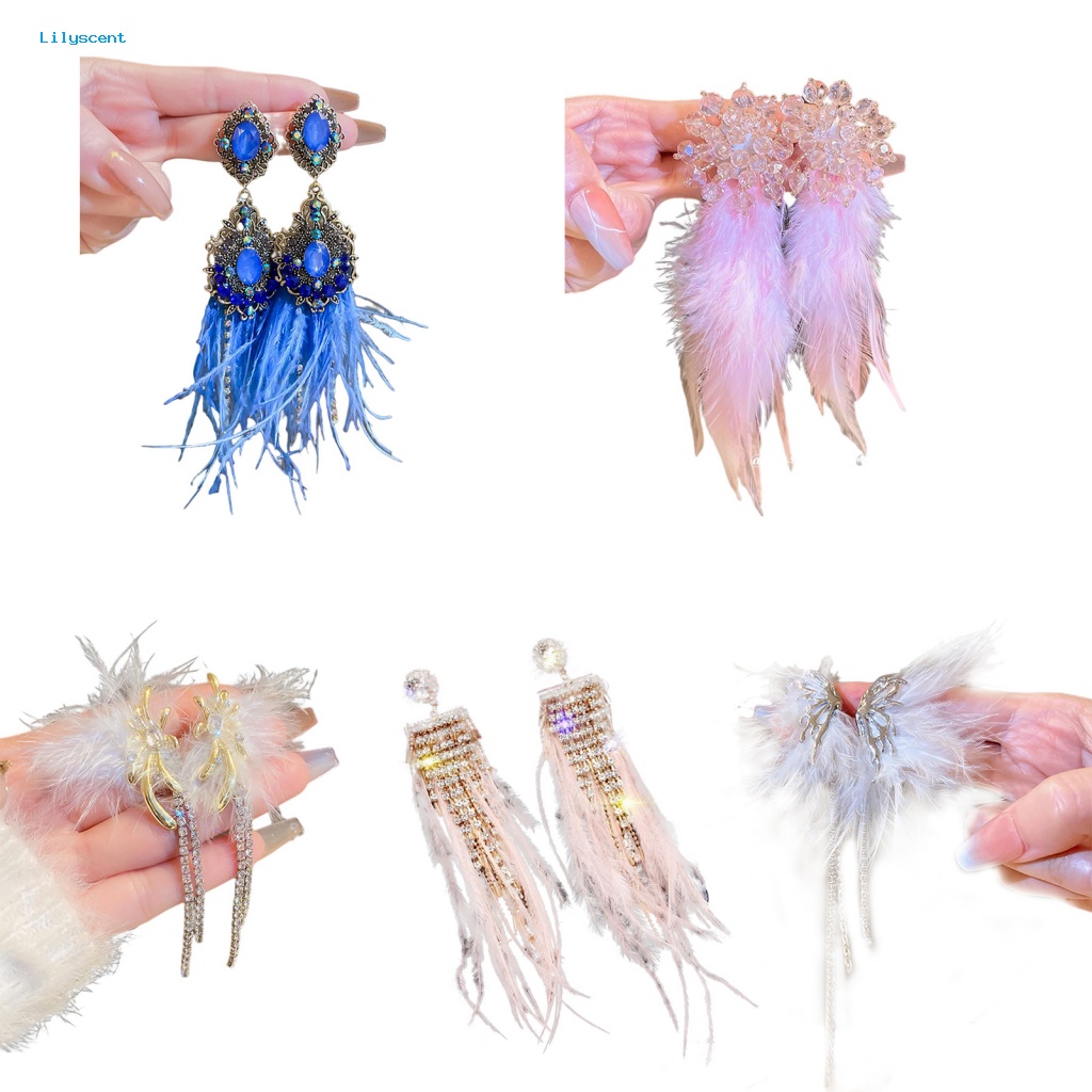 Lilyscent 1pasang Nyaman Dipakai Menjuntai Anting Perhiasan Aksesoris Biru Faux Kristal Bulu Menjuntai Anting Temperamen