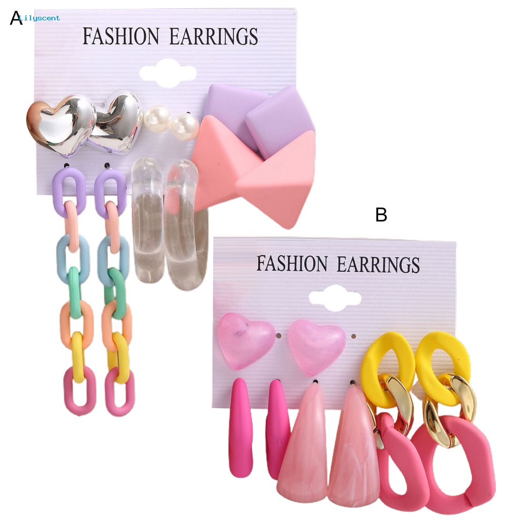 Lilyscent 4per6pasang Warna Vibrant Menjuntai Anting Perhiasan Aksesoris Kreatif Wanita Minimalis Stud Earrings Permukaan Halus