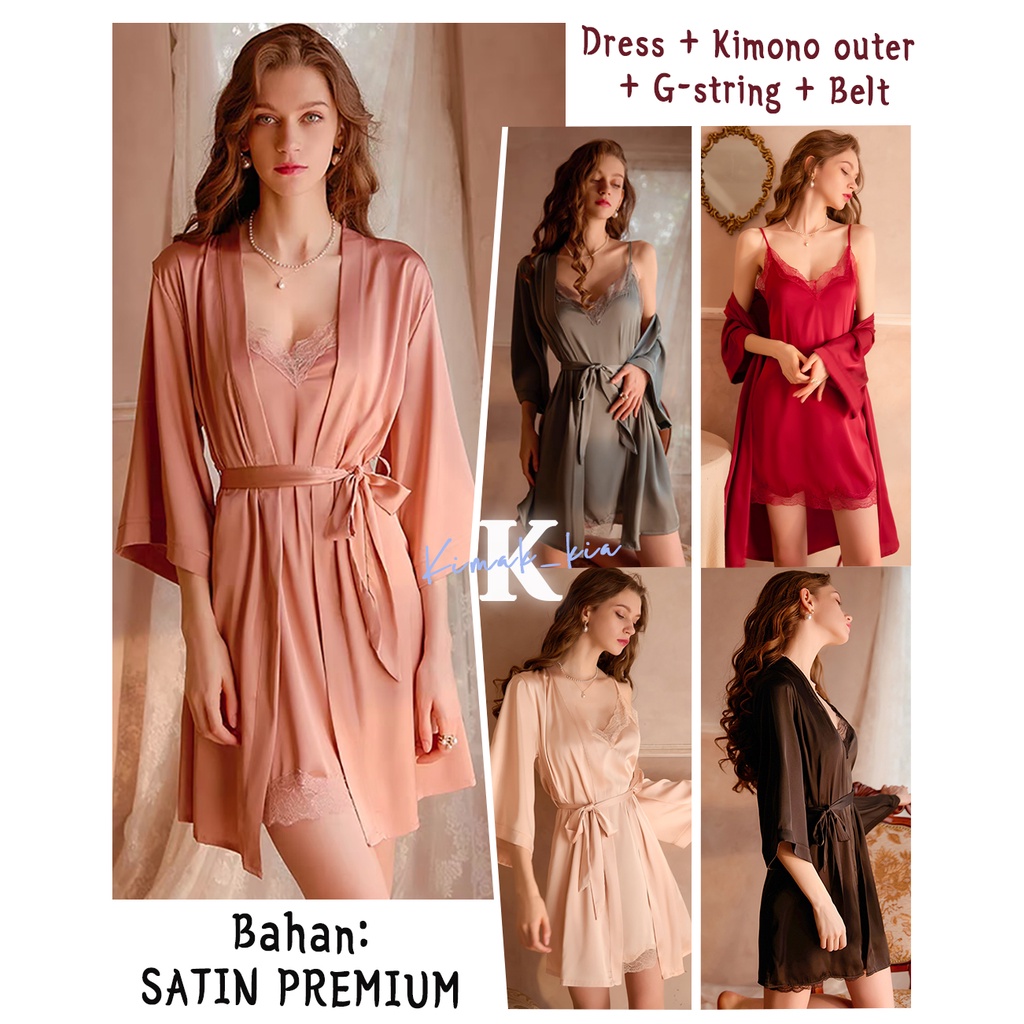 Kimono Lingerie Satin Set Baju Tidur Sexy Wanita / Sexy Lingerie Kimono Satin
