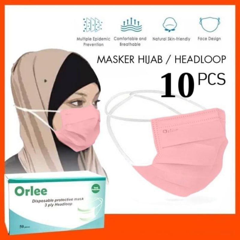 10pcs Masker Orlee 3ply Headloop Hijab Original kemenkes Pink repack - ABH