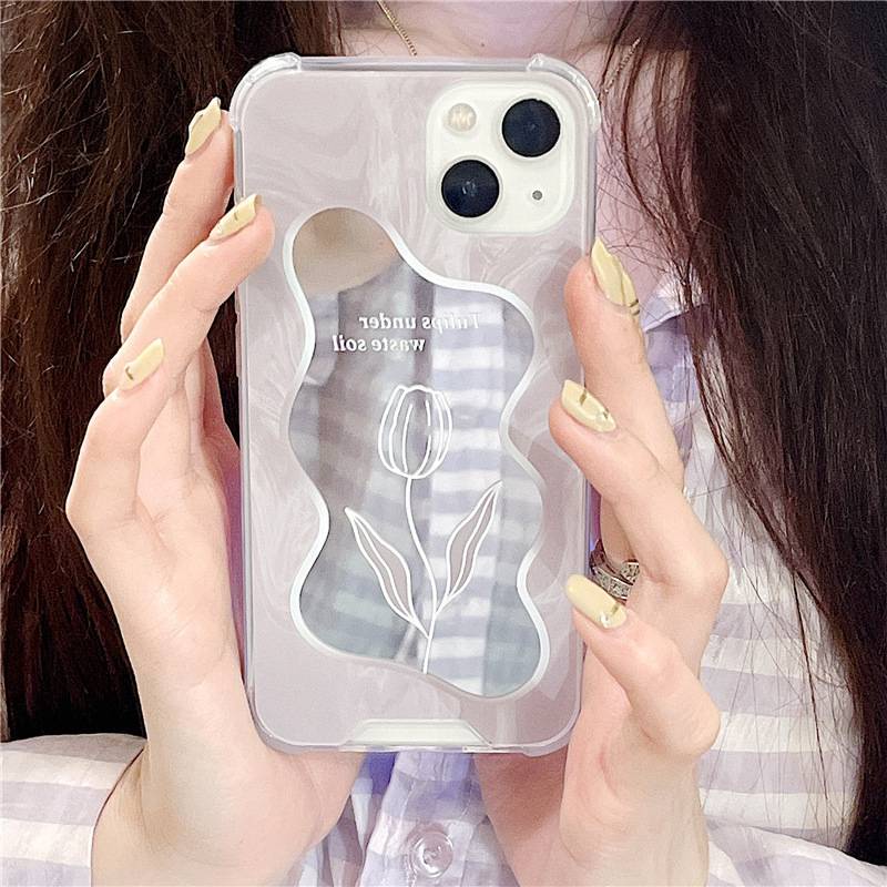 【Shock Proof Mirror】Silicone Soft Case Iphone 6S 7 8 Plus X XR XS Max IPhone 11 12 13 14 Pro Max 14 Plus 7+ 8+ 12 13 mini Purple Tulip Flower