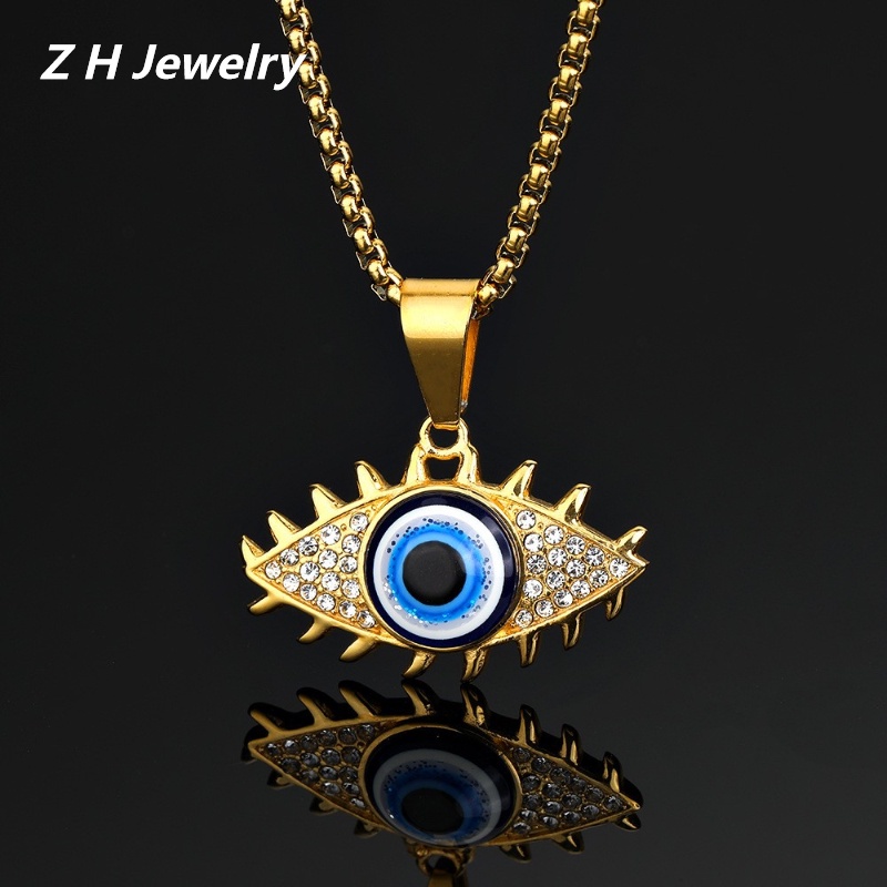 [Z H Perhiasan] Retro 18K Emas Disepuh Beruntung Mata Permata Liontin Fashion Pria Berlian Anti Karat Kalung Liontin Hip Hop Pesta Baja Titanium Perhiasan Aksesoris Grosir