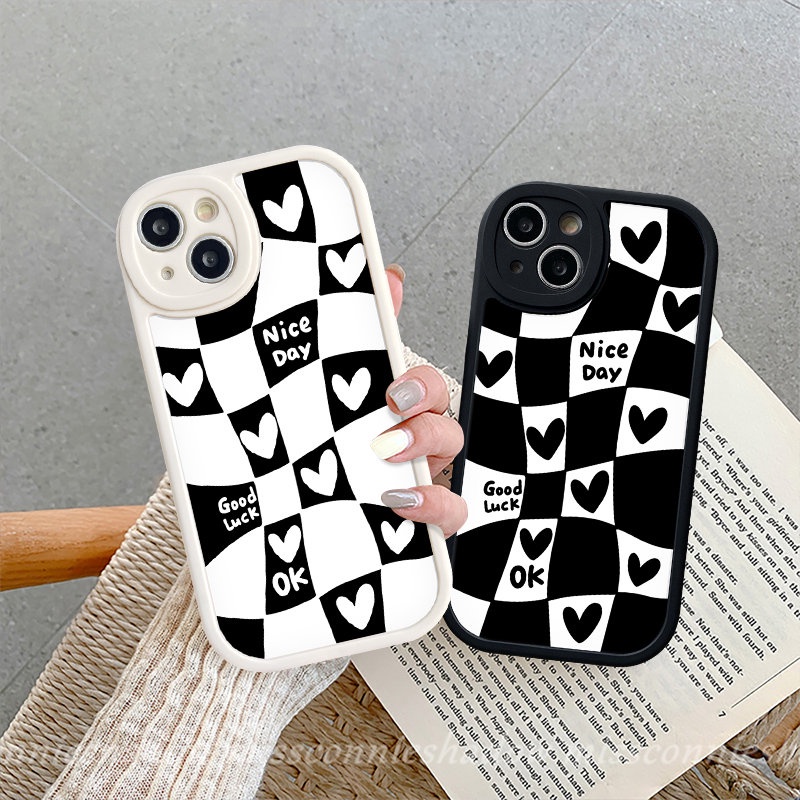 IPHONE Blok Tidak Teratur Hitam Putih Cinta Hati Casing Kompatibel Untuk Iphone11 14 XR 11 14 12 13 Pro Max 7plus 6 6s 7 8 plus XS Max X SE 2020 Pasangan Lucu Casing Belakang Tpu Lembut