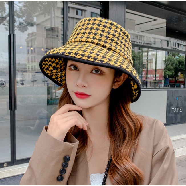 IMPORT NABILA WOMAN HOUNDSTOOTH BUCKET HAT WINTER AUTUMN SPRING KOREAN STYLE TOPI WANITA MUSIM DINGIN