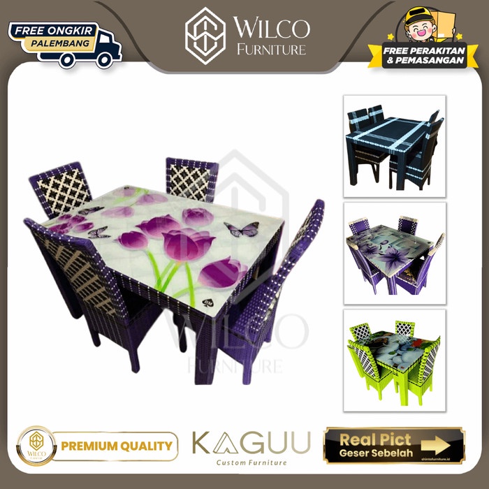Meja Makan Rotan Sintetis 4 Kursi + Kaca Furniture Palembang