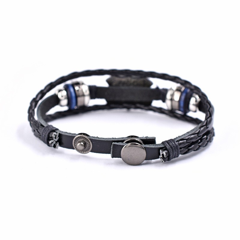 [X C Gelang] Baru US Route66Ibu Jalan Gelang Hitam Kulit Vintage Hip Hop Punk Kulit Gelang Lengan Manik-Manik Multilayer Zinc Alloy Anyaman Gelang