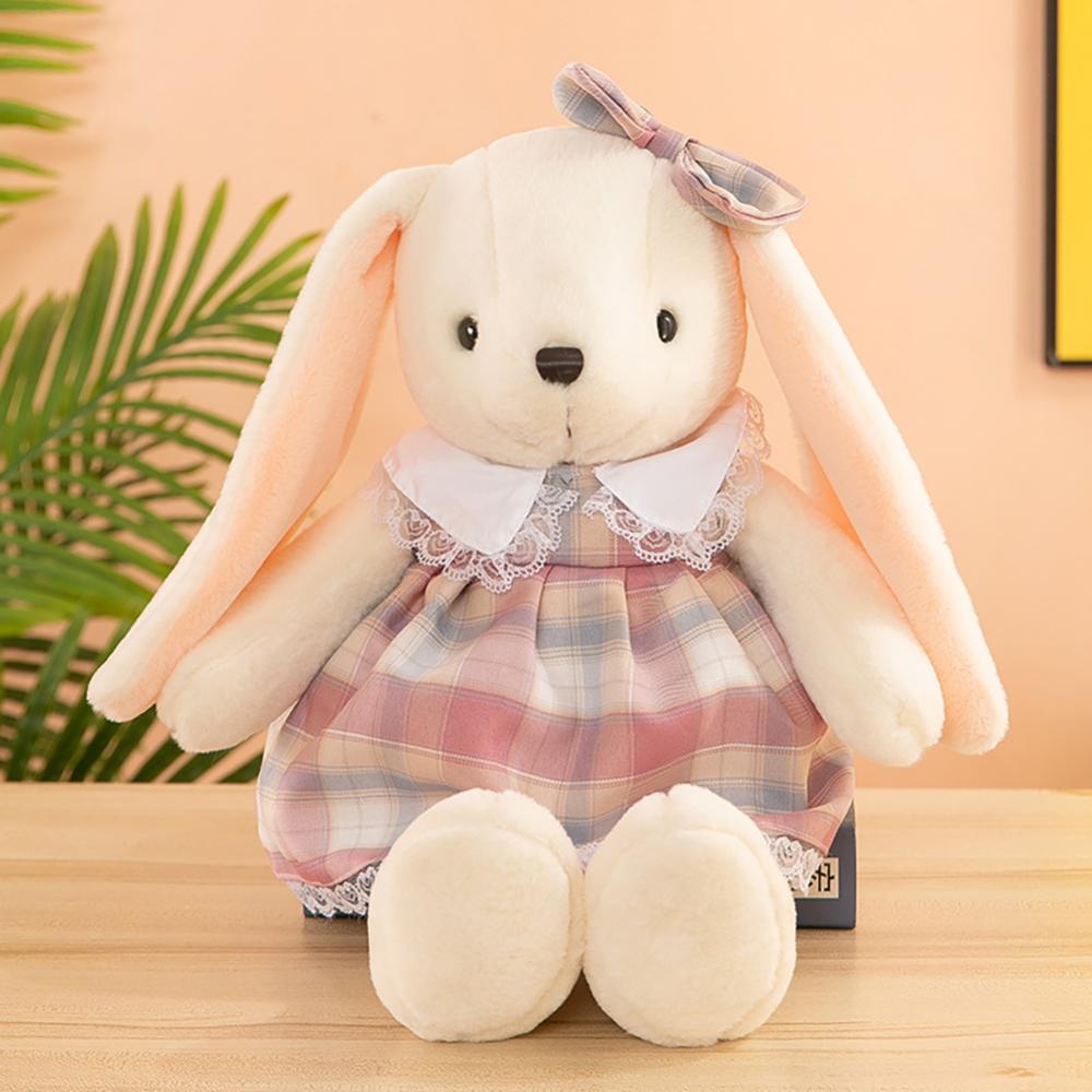 Timekey 35 cm Kelinci Lucu Mainan Mewah in Plaid Dress Panjang Telinga Boneka Lembut Bunny Doll Mainan Tidur Anak Perempuan Anak Bayi Plush Animal Mainan Ulang Tahun A7U2