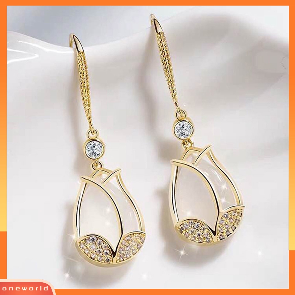 [EONE] 1pasang Liontin Anting Tulip Liontin Bersinar Berlian Imitasi Inlay Geometris High-end Dress Up Hypoallergenic Mewah Wanita Cubic Zirconia Bunga Telinga Kait Perlengkapan Kostum