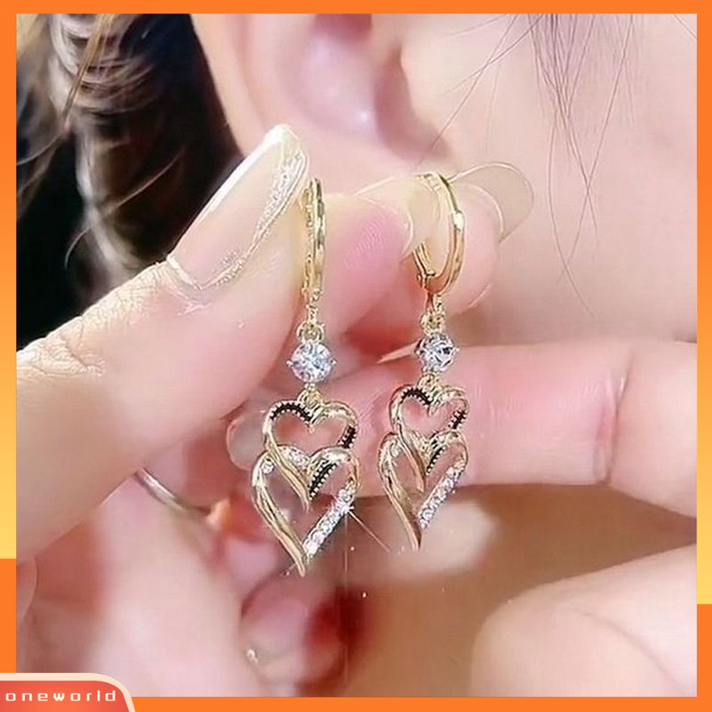 [EONE] 1pasang Menjuntai Anting-Anting Vintage Berongga Keluar Mengkilap Berlian Imitasi Bertatahkan Berkilau Hias Hadiah Wanita Double-layer Hati Liontin Drop Earrings Retro Perhiasan