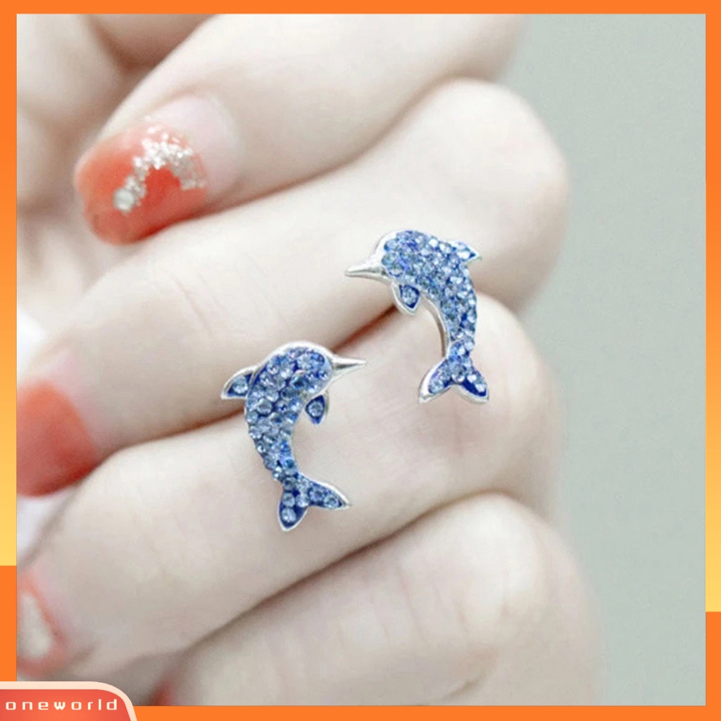 [EONE] 1pasang Indah Tindik Telinga Studs Wanita Berlian Imitasi Mengkilap Bentuk Lumba Anting Pejantan Aksesoris Fashion