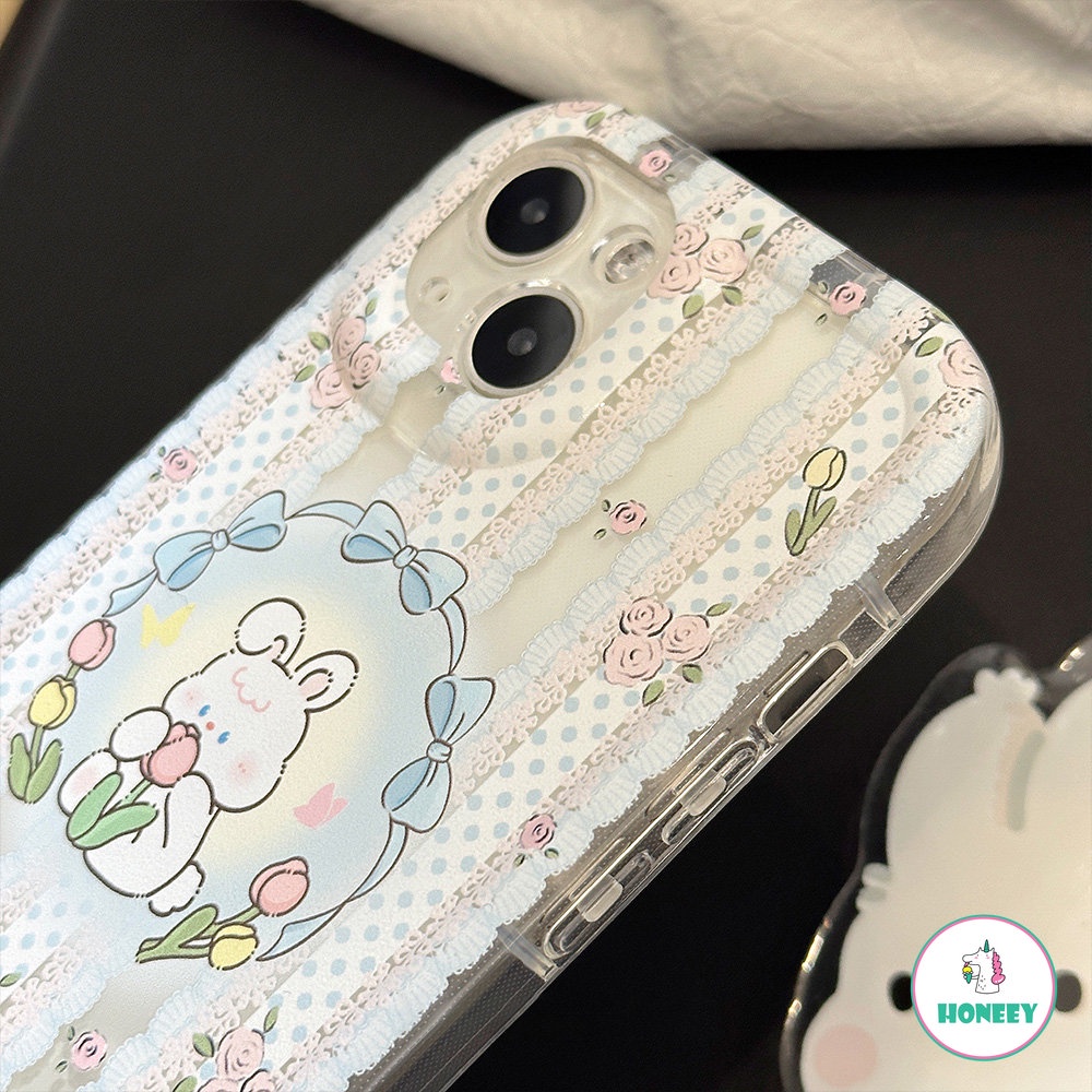 IPHONE Sweet Lace Rabbit Flowers Bracket Shell Phone Case Untuk Iphone14 13 12 11 Pro Max14 Plus Case Lucu Transparan Kartun Cover