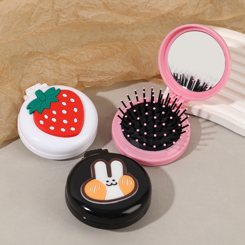 Sisir Portabel Mini Kartun Kreatif Dengan Cermin/Sikat Rambut Bantal Udara Pijat Lipat Lucu/Ins Sisir Kantong Udara Bulat/Perlengkapan Perjalanan Alat Styling Rambut