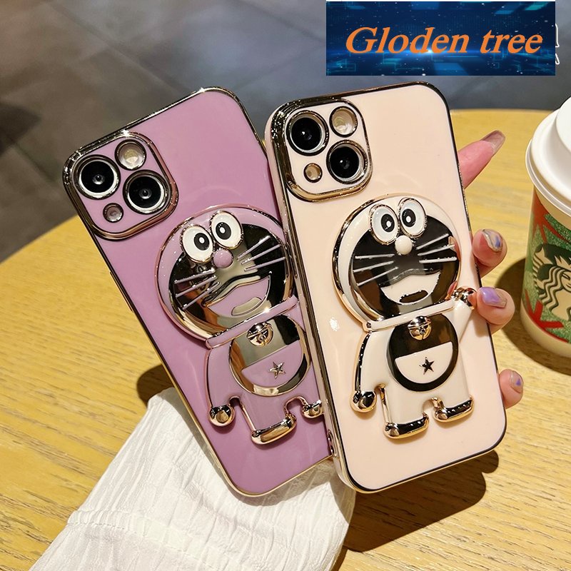 Gloden tree Casing Untuk vivo Y72 5G Y52 5G Y75s 5G Case Fashion Kartun Doraemon Stand Lipat Casing Ponsel Electroplating Shockproof Phone Holder Case