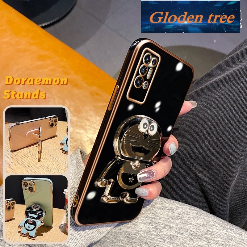 Gloden tree Casing Untuk TECNO POVA 2case Fashion Kartun Doraemon Lipat Stand Phone Case Electroplating Shockproof Phone Holder Case