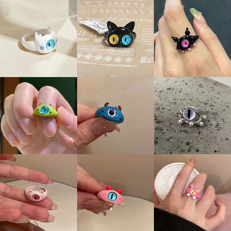 Cincin Geometris Mata Besar Monster Kecil Bahan Alloy Lucu Untuk Anak Perempuan