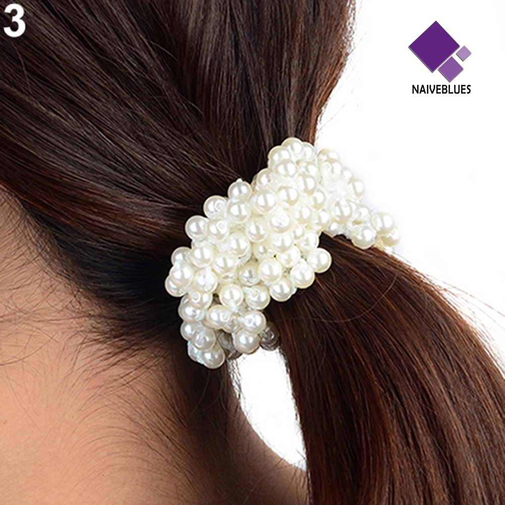 &lt; Naiveblues &gt; Fashion Wanita Manik-Manik Mutiara Imitasi Hair Band Scrunchie Ponytail Holder