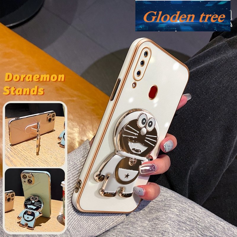 Gloden tree Casing Untuk Samsung Galaxy A20s Case Fashion Kartun Doraemon Lipat Stand Phone Case Electroplating Shockproof Phone Holder Case