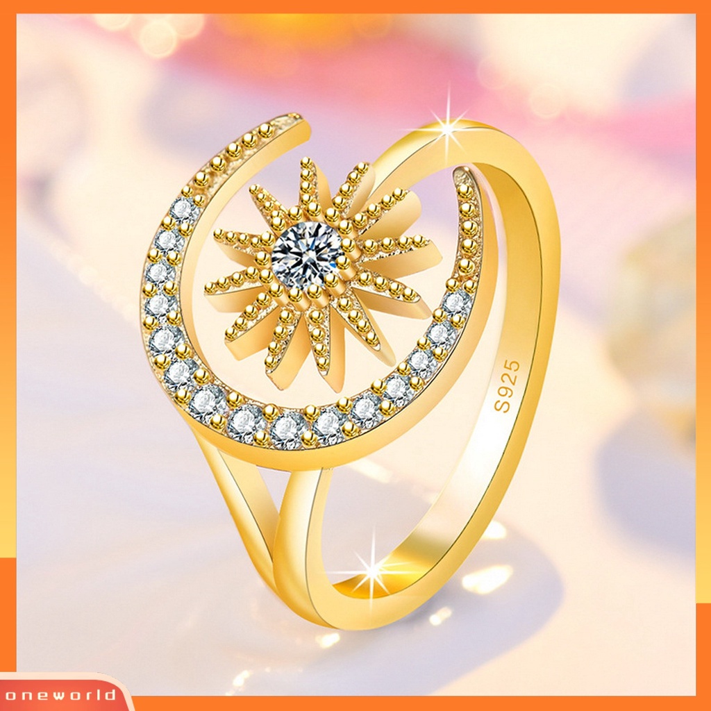 [EONE] Wanita Cincin Pembukaan Geometris Dainty Elegan Temperamen Hadiah Berlian Imitasi Tertanam Bintang Bulan Jari Cincin Aksesoris Perhiasan