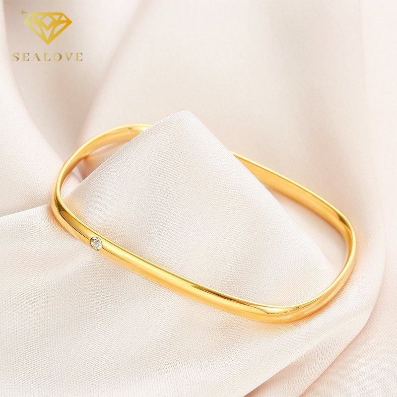 Gelang Titanium Wanita Anti Karat Persegi Satu Berlian Emas 18K Simpel Mewah Bangle Fashion Korea Style Aksesoris Perhiasan COD