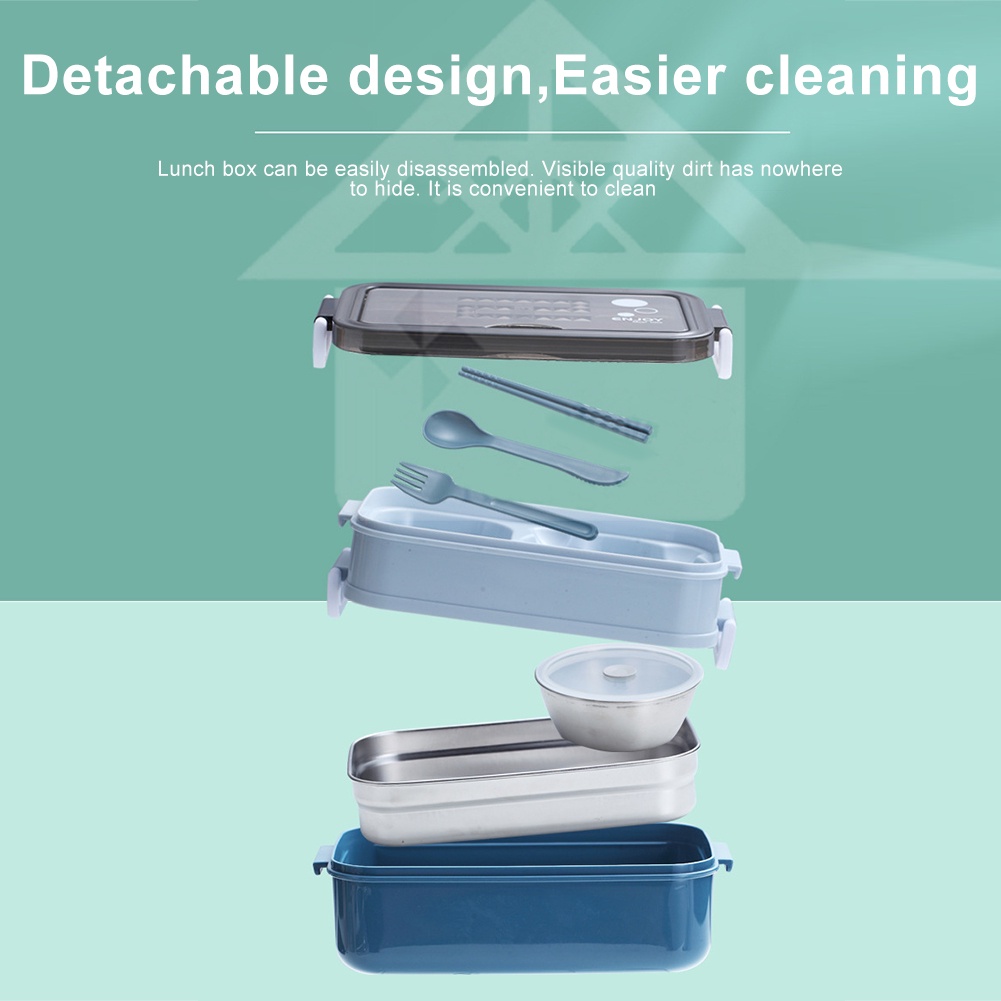 Lunch Box Leakproof Stainless Steel Picnic With Cutlery Adults Kids Double Layer