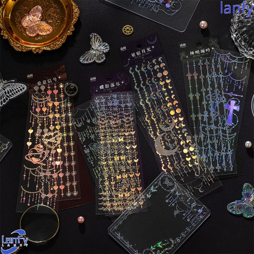 Lanfy Moonlight Butterfly PET Stiker Aesthetic Laser Silver Label Diary Telepon Handmade Kolase Scrapbooking Akun Tangan Perekat Diary Stickers