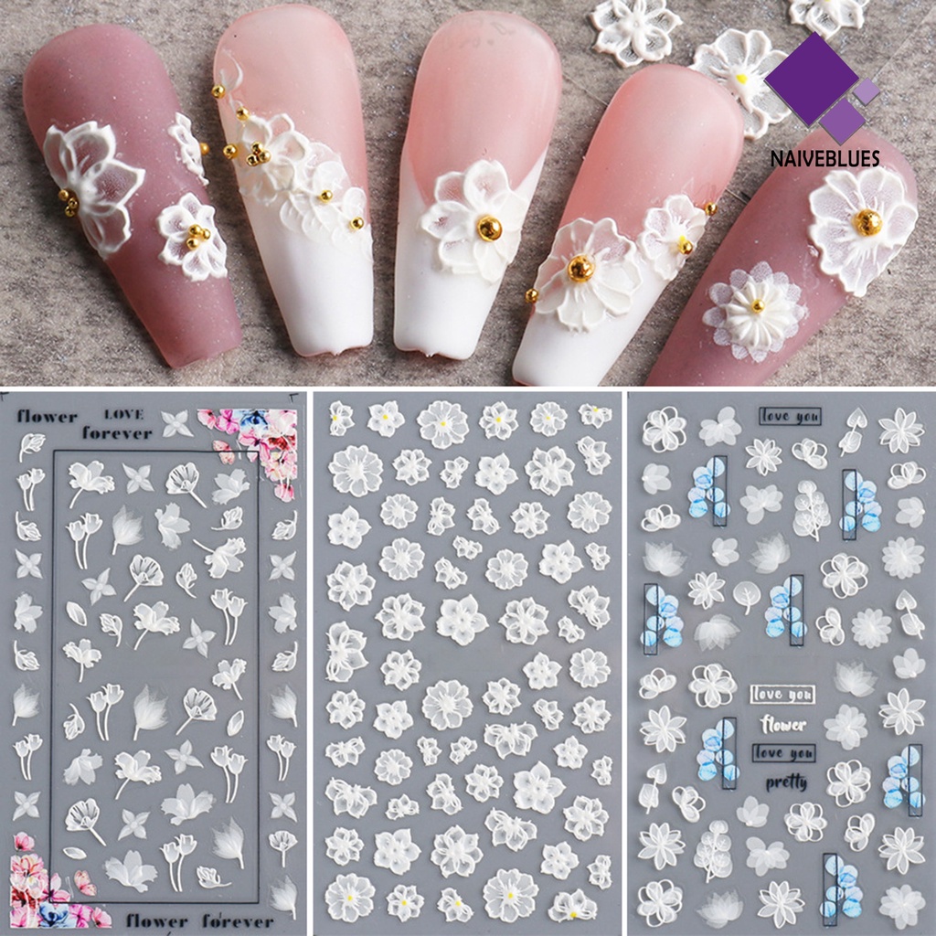 [naiveblues] Kuku Timbul Stiker Renda Bentuk Bunga Lem Belakang Tipis Ukiran Natural Nail Decals