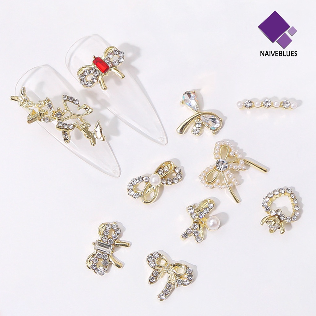 [naiveblues] 10 Pcs Kuku Berlian Imitasi Bow-tie Jantung Mutiara Imitasi Desain Kuku Aksesoris 3D Manicure Craft