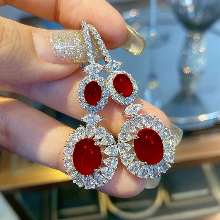 Goldkingdom Fashion Perhiasan Aksesoris Ready Stock Kaca Pertengahan Cahaya Anting Mewah Retro Double Telur Wajah Merpati Darah Ruby Earhook Panjang