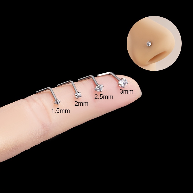 1biji Surgical Steel Nose L-shape Hidung Daging Tindik Tubuh G23 Titanium Dengan Zircon 1.5-3 mm