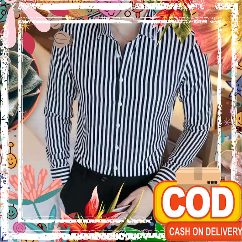 GSL Kemeja Pria Lengan Panjang Motif Polos Salur Hitam Putih Katun Flanel Import Jumbo Baju Atasan C